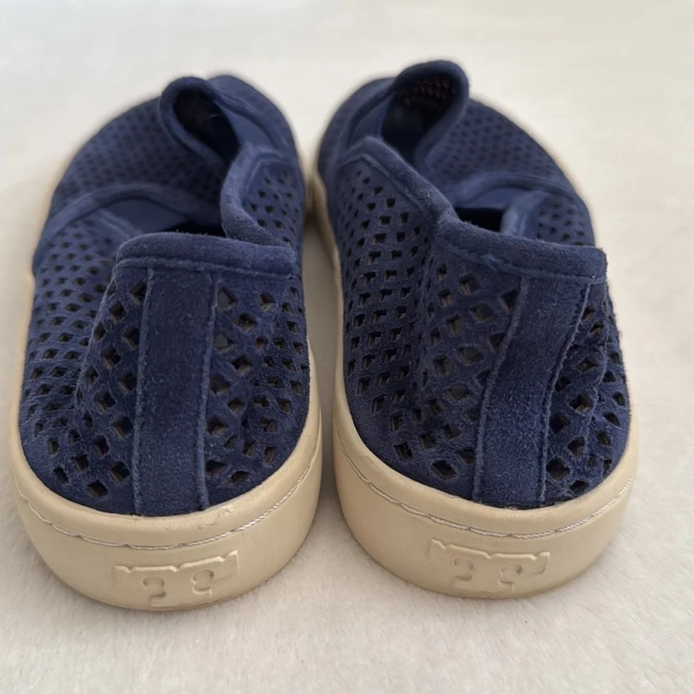 Tory Burch | Jesse Perforated Suede Slip On Flat Sneakers Shoes Navy Blue (7) - Picture 8 of 16